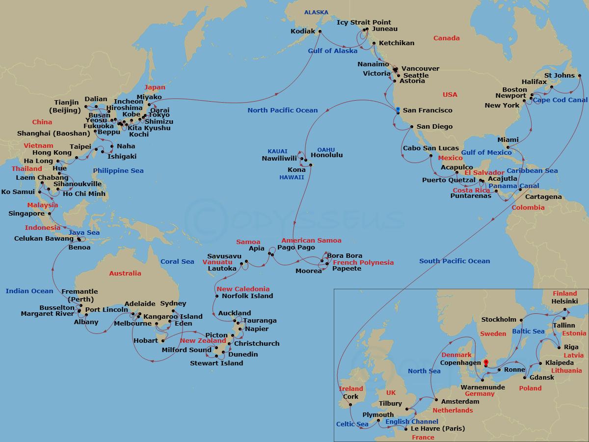 188 Night - Azamara World Cruise - Azamara Quest - Starting in San Francisco, California, Honolulu, Oahu, Hawaii, Nawiliwili, Kauai, Hawaii, Kailua-kona, Hawaii, Moorea, Bora Bora, Papeete, Tahiti, Bora Bora, Pago Pago, Cross International Dateline West, Apia, Savusavu, Lautoka, Norfolk Island, Auckland, Tauranga, Napier, Picton, Christchurch, Dunedin, Stewart Island, Milford Sound, Hobart, Tasmania, Melbourne, Eden, Sydney AU, Kangaroo Island (Penneshaw), Adelaide, Port Lincoln, Albany AU, Margaret River (Busselton), Perth (Fremantle), Benoa, Bali, Celukan, Bawang, Bali, Singapore, Ko Samui, Bangkok (Laem Chabang), Sihanoukville, Ho Chi Minh City, Hue (Da Nang), Ha Long Bay, Hong Kong, Taipei (Keelung), Ishigaki, Naha, Okinawa, Shanghai, Dalian, Beijing (Tianjin), Seoul (Incheon), Yeosu, Busan, Fukuoka, Kitakyushu, Hiroshima, Beppu, Kochi, Kobe, Mount Fuji (Shimizu), Tokyo, Oarai, Miyako, Iwate, Cross International Dateline West, Kodiak, Alaska, Juneau, Alaska, Icy Strait Point, Alaska, Ketchikan (Ward Cove), Alaska, Nanaimo, British Columbia, Vancouver, British Columbia, Seattle, Victoria CA, Canada, Astoria, Oregon, San Francisco, California, San Diego, Cabo San Lucas, Acapulco, Puerto Quetzal, Acajutla, Puntarenas, Panama Canal (Cruising), Cartagena CO, Miami, Florida, New York City, New York, Newport, Rhode Island, Cape Cod Canal Cruising, Boston, Massachusetts, Halifax, Nova Scotia, St Johns NF, Newfoundland, Cork (Cobh), Plymouth, England, Le Havre, London (Tilbury), England, Amsterdam (Ijmuiden), Kiel Canal Cruising, Berlin (Warnemunde), Ronne, Bornholm, Gdansk, Klaipeda, Riga, Tallinn, Helsinki, Stockholm, Copenhagen itinerary map