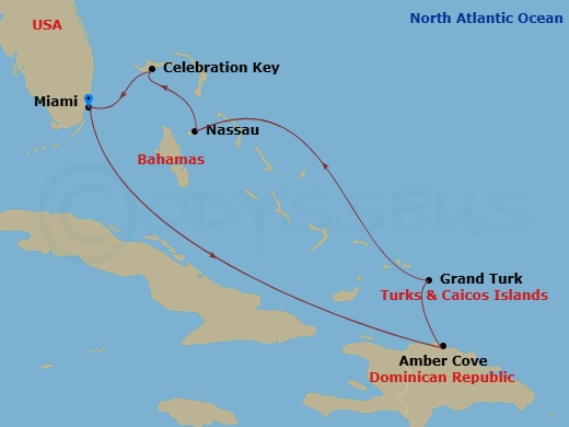 7 Night - Eastern Caribbean - Carnival Celebration - Starting in Miami, Fl, Nassau, Bahamas, Amber Cove, Dominican Republic, Relaxaway, Half Moon Cay, Celebration Key, the Bahamas, Ship Meetup, Miami, Fl itinerary map