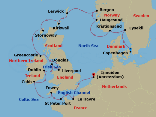 18 Night - Baltic & Northern Europe - Crystal Serenity - Starting in Copenhagen, Lysekil, Kristiansand, Haugesund, Bergen, Lerwick, Kirkwall, Lewis and Harris Island, Greencastle (Londonderry), Liverpool, Isle of Man (Douglas), Dublin (Dun Laoghaire), Cobh, Fowey, St Peter Port, Le Havre, Ijmuiden (Amsterdam) itinerary map