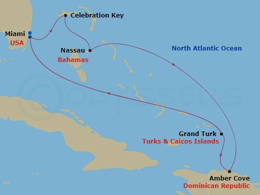 7 Night - Eastern Caribbean - Carnival Celebration - Starting in Miami, Fl, Celebration Key, the Bahamas, Nassau, Bahamas, Amber Cove, Dominican Republic, Grand Turk, Ship Meetup, Miami, Fl itinerary map