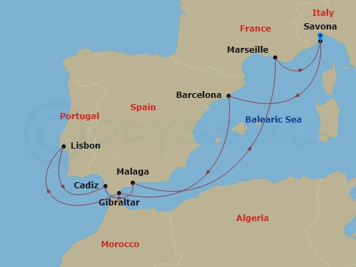 10 Night - Western Mediterranean from Savona - Costa Fascinosa - Starting in Savona, Barcelona, Gibraltar, Lisbon, Cadice, Malaga, Marseille, Savona itinerary map