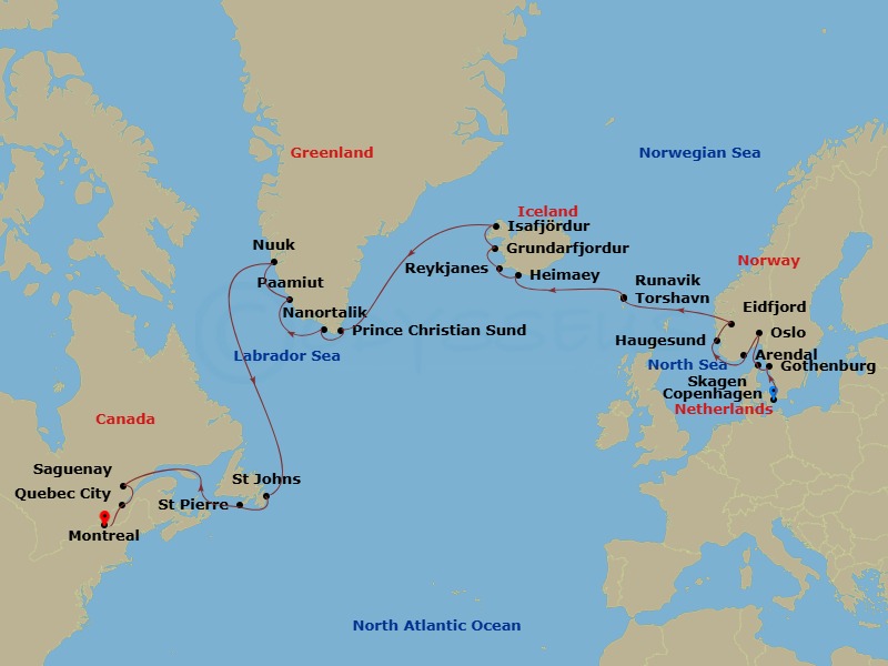 30 Night - Path of the Vikings Combination Cruise : Copenhagen, Oslo & Quebec City - Azamara Journey - Starting in Copenhagen, Gothenburg, Skagen, Oslo, Arendal, Haugesund, Eidfjord, Torshavn, Runavik, Heimaey, Reykjavik, Reykjanes, Grundarfjordur, Isafjordur, Prince Christian Sound, Nanortalik, Paamiut (Frederikshab), Nuuk (Godthaab), St Johns NF, Newfoundland, Saint Pierre, Scenic Cruising Saguenay Fjord, Saguenay, Quebec, Quebec City, Quebec, Montreal, Quebec itinerary map