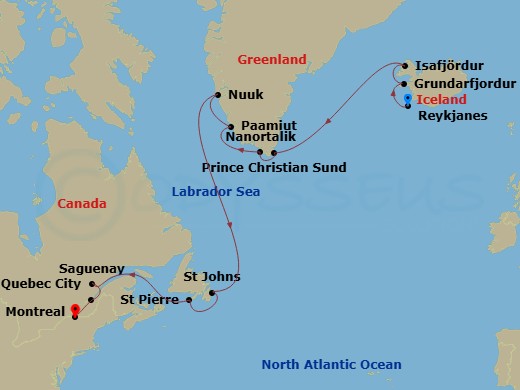 18 Night - Solar Eclipse Cruise : Iceland, Greenland & Quebec - Azamara Journey - Starting in Reykjavik, Reykjanes, Grundarfjordur, Isafjordur, Prince Christian Sound, Nanortalik, Paamiut (Frederikshab), Nuuk (Godthaab), St Johns NF, Newfoundland, Saint Pierre, Scenic Cruising Saguenay Fjord, Saguenay, Quebec, Quebec City, Quebec, Montreal, Quebec itinerary map