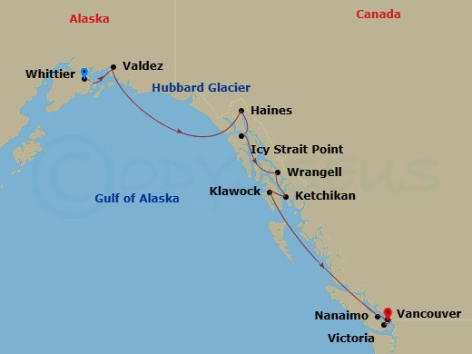 11 Night - Alaska Ceo Cruise : Hubbard Glacier, Haines & Ketchikan - Azamara Pursuit - Starting in Whittier, Alaska, Valdez, Alaska, Cruise Hubbard Glacier, Haines, Alaska, Icy Strait Point, Alaska, Wrangell, Ketchikan, Alaska, Klawock, Alaska, Nanaimo, British Columbia, Victoria CA, Canada, Vancouver, British Columbia itinerary map