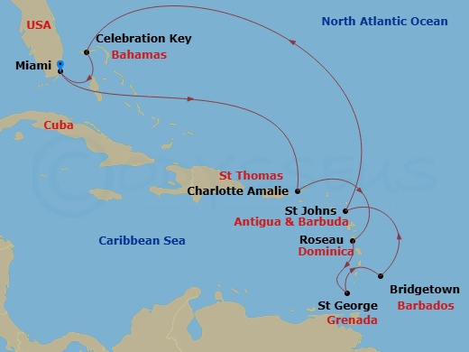 11 Night - Journeys - Southern Caribbean - Carnival Conquest - Starting in Miami, Fl, St Thomas, US Virgin Islands, Dominica, Grenada, Barbados, Antigua, Celebration Key, the Bahamas, Miami, Fl itinerary map