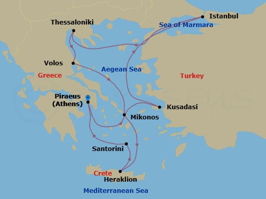 11 Night - Athens to Athens - Silver Nova - Starting in Athens (Piraeus), Kusadasi, Istanbul, Thessaloniki, Volos, Mykonos, Heraklion, Santorini, Athens (Piraeus) itinerary map