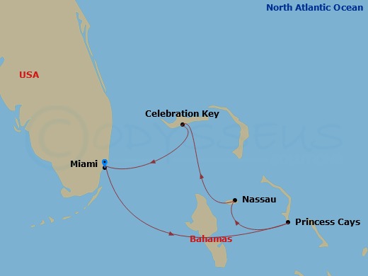 5 Night - Bahamas - Carnival Sunrise - Starting in Miami, Fl, Princess Cays, the Bahamas, Nassau, Bahamas, Celebration Key, the Bahamas, Miami, Fl itinerary map