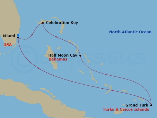 5 Night - Eastern Caribbean - Carnival Sunrise - Starting in Miami, Fl, Grand Turk, Relaxaway, Half Moon Cay, Celebration Key, the Bahamas, Miami, Fl itinerary map