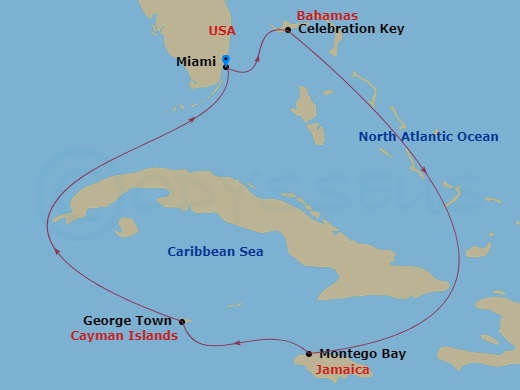 6 Night - Western Caribbean - Carnival Magic - Starting in Miami, Fl, Celebration Key, the Bahamas, Montego Bay, Jamaica, Grand Cayman, Cayman Islands, Miami, Fl itinerary map