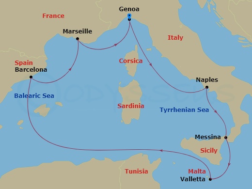 7 Night - Mediterranean - MSC World Europa - Starting in Genoa (Portofino), Italy, Naples (Pompeii), Italy, Messina (Taormina), Italy, La Valletta, Malta, Barcelona, Spain, Marseille (Provence), France, Genoa (Portofino), Italy itinerary map