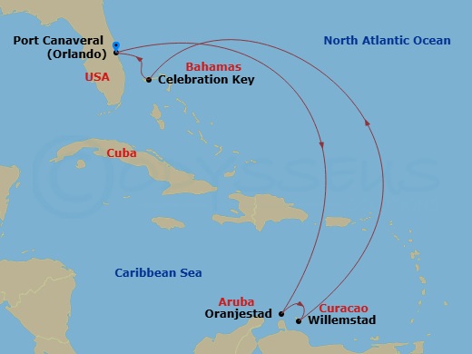 8 Night - Southern Caribbean - Carnival Vista - Starting in Port Canaveral (Orlando), Fl, Aruba, Curacao, Celebration Key, the Bahamas, Port Canaveral (Orlando), Fl itinerary map