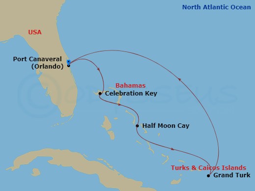 6 Night - Eastern Caribbean - Carnival Vista - Starting in Port Canaveral (Orlando), Fl, Celebration Key, the Bahamas, Relaxaway, Half Moon Cay, Grand Turk, Port Canaveral (Orlando), Fl itinerary map
