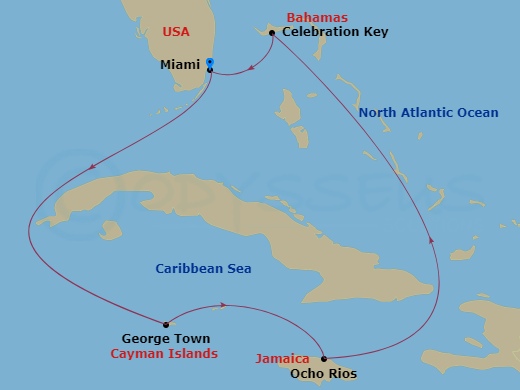 6 Night - Western Caribbean - Carnival Horizon - Starting in Miami, Fl, Celebration Key, the Bahamas, Ocho Rios, Jamaica, Grand Cayman, Cayman Islands, Miami, Fl itinerary map