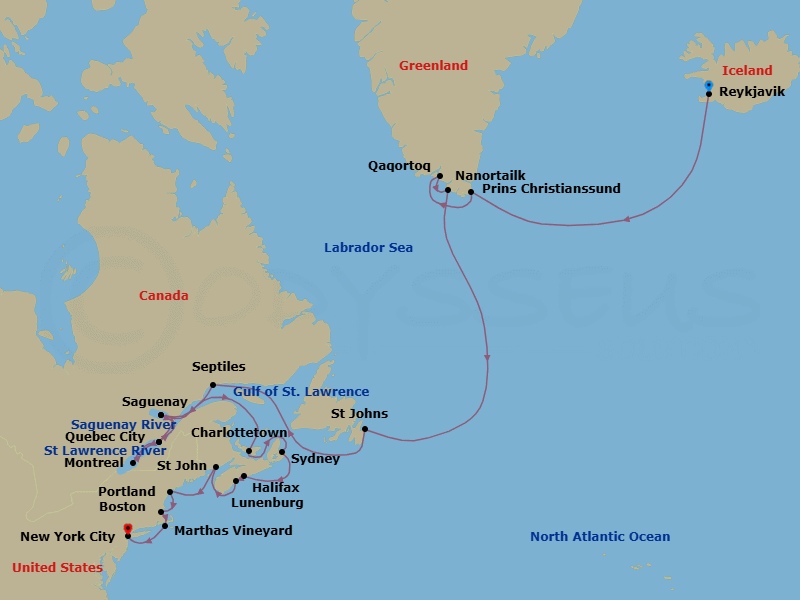 26 Night - Iceland & Canada Combination Cruise : Reykjavik, Quebec & Halifax - Azamara Journey - Starting in Reykjavik, Prince Christian Sound, Qaqortoq (Julianehaab), Nanortalik, St Johns NF, Newfoundland, Sept-iles, Quebec, Scenic Cruising Saguenay Fjord, Saguenay, Quebec, Quebec City, Quebec, Montreal, Quebec, Quebec City, Quebec, Scenic Cruising Saguenay Fjord, Saguenay, Quebec, Charlottetown, Prince Edward Island, Sydney NS, Nova Scotia, Halifax, Nova Scotia, Lunenburg, Nova Scotia, Saint John NB, New Brunswick, Portland ME, Boston, Massachusetts, Cape Cod Canal Cruising, Marthas Vineyard, Massachusetts, New York City, New York itinerary map