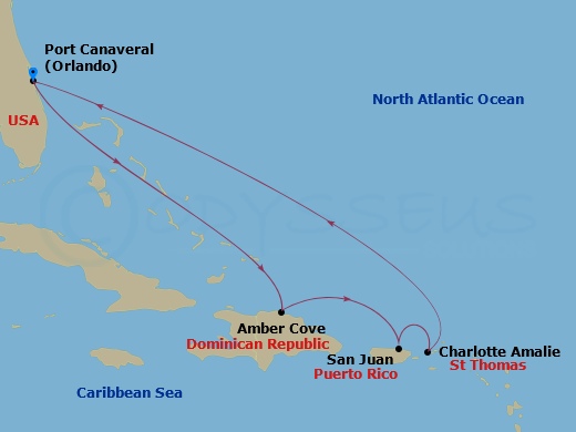 7 Night - Eastern Caribbean - Carnival Venezia - Starting in Port Canaveral (Orlando), Fl, Amber Cove, Dominican Republic, San Juan, Puerto Rico, St Thomas, US Virgin Islands, Port Canaveral (Orlando), Fl itinerary map