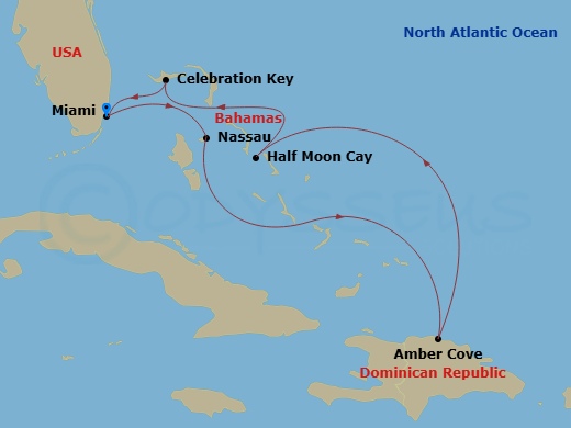 7 Night - Eastern Caribbean - Carnival Celebration - Starting in Miami, Fl, Nassau, Bahamas, Amber Cove, Dominican Republic, Relaxaway, Half Moon Cay, Celebration Key, the Bahamas, Miami, Fl itinerary map