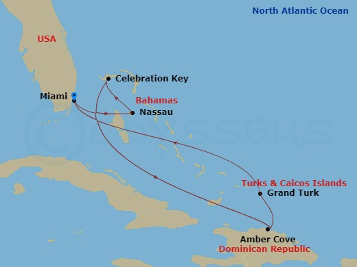 7 Night - Eastern Caribbean - Carnival Celebration - Starting in Miami, Fl, Nassau, Bahamas, Celebration Key, the Bahamas, Amber Cove, Dominican Republic, Grand Turk, Miami, Fl itinerary map