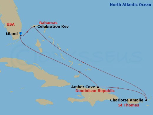 7 Night - Eastern Caribbean - Carnival Celebration - Starting in Miami, Fl, Celebration Key, the Bahamas, Nassau, Bahamas, Amber Cove, Dominican Republic, Grand Turk, Miami, Fl itinerary map