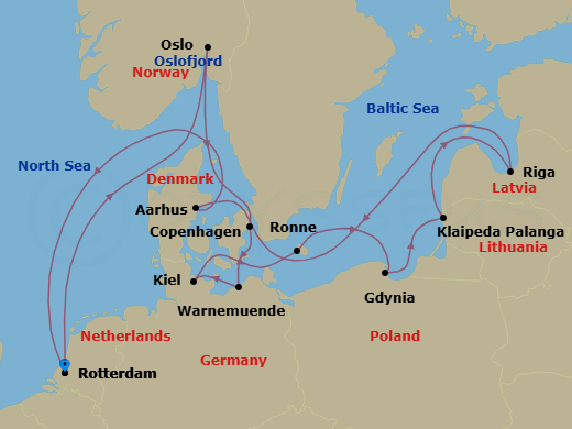 14 Night - Berlin Oktoberfest & Scandinavian Capitals - Rotterdam - Starting in Rotterdam, the Netherlands, Oslo, Norway, Scenic cruising Oslofjord, Copenhagen, Denmark, Warnemunde (Berlin), Germany, Kiel (Hamburg), Germany, Ronne (Bornholm), Denmark, Gdynia (Gdansk), Poland, Klaipeda, Lithuania, Riga, Latvia, Aarhus, Denmark, Rotterdam, the Netherlands itinerary map