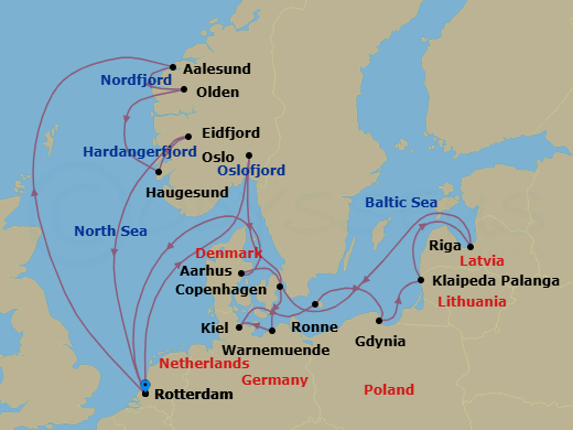 21 Night - Oktoberfest with Norwegian Fjords Collectors' Voyage - Rotterdam - Starting in Rotterdam, the Netherlands, Oslo, Norway, Scenic cruising Oslofjord, Copenhagen, Denmark, Warnemunde (Berlin), Germany, Kiel (Hamburg), Germany, Ronne (Bornholm), Denmark, Gdynia (Gdansk), Poland, Klaipeda, Lithuania, Riga, Latvia, Aarhus, Denmark, Rotterdam, the Netherlands, Alesund, Norway, Olden, Norway, Scenic Cruising Nordfjord, Haugesund, Norway, Eidfjord, Norway, Scenic cruising Hardangerfjord, Rotterdam, the Netherlands itinerary map