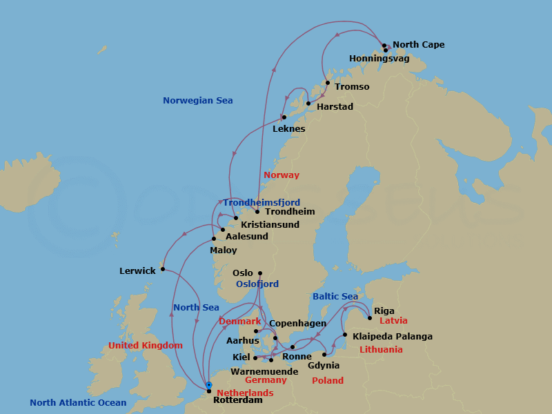 28 Night - Arctic Circle & Oktoberfest Collectors' Voyage - Rotterdam - Starting in Rotterdam, the Netherlands, Maloy, Norway, Trondheim, Norway, Scenic Cruising Trondheimsfjord, Honningsvag, Norway, Scenic Cruising North Cape, Tromso, Norway, Harstad, Norway, Leknes (Lofoten), Norway, Kristiansund, Norway, Alesund, Norway, Lerwick, Shetland Islands, United Kingdom, Rotterdam, the Netherlands, Oslo, Norway, Scenic cruising Oslofjord, Copenhagen, Denmark, Warnemunde (Berlin), Germany, Kiel (Hamburg), Germany, Ronne (Bornholm), Denmark, Gdynia (Gdansk), Poland, Klaipeda, Lithuania, Riga, Latvia, Aarhus, Denmark, Rotterdam, the Netherlands itinerary map