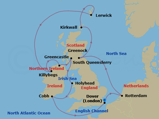 14 Night - Wild British Isles : Glasgow Overnight - Nieuw Statendam - Starting in Dover UK (London), England, Rotterdam, the Netherlands, South Queensferry (Edinburgh), Scotland, United Kingdom, Kirkwall, Scotland, United Kingdom, Lerwick, Shetland Islands, United Kingdom, Killybegs, Donegal, Ireland, Greencastle (Londonderry), Ireland, Greenock (Glasgow), Scotland, United Kingdom, Holyhead, Wales, United Kingdom, Cobh (Cork), Ireland, Dover UK (London), England itinerary map