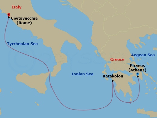 3 Night - Mediterranean - MSC Sinfonia - Starting in Piraeus (Athens), Greece, Katakolon (Olympia), Greece, Civitavecchia (Rome), Italy itinerary map