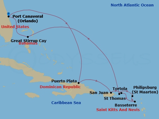 10 Night - Eastern Caribbean - Port Canaveral - Norwegian Epic - Starting in Orlando Beaches / Port Canaveral, Fl, Puerto Plata, Dominican Republic, San Juan, Pr, Tortola, British Virgin Islands, Basseterre, Saint Kitts / Nevis, Philipsburg, St Maarten, Netherland Antilles, St Thomas, Vi, Great Stirrup Cay, Bahamas, Orlando Beaches / Port Canaveral, Fl itinerary map