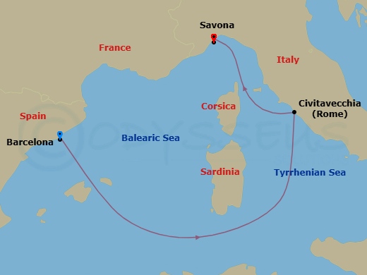 3 Night - Europe from Barcelona to Savona - Costa Smeralda - Starting in Barcelona, Spain, Civitavecchia / Rome, Savona, Italy itinerary map