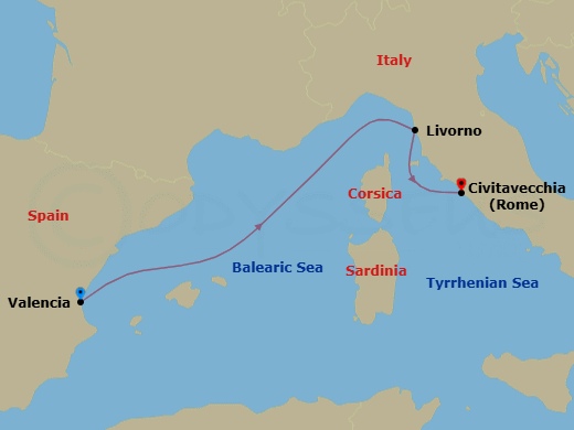 3 Night - Mediterranean - MSC Orchestra - Starting in Valencia, Spain, Livorno (Florence), Italy, Civitavecchia (Rome), Italy itinerary map