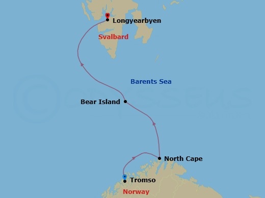 7 Night - Tromso to Longyearbyen - World Navigator - Starting in Tromso, North Cape Scenic Navigation, Bear Island, Norway / Captains Choice, Exploring Svalbard / Captains Choice, Longyearbyen, Svalbard itinerary map