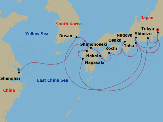 14 Night - A Journey Through Timeless City Wonders & Coastal Spirit - EXPLORA III - Starting in Shanghai, Shimonoseki, Kochi, Osaka, Toba, Tokyo, Nagoya, Aichi, Busan (Pusan), Hakata / Fukuoka, Nagasaki, Shimizu, Tokyo itinerary map