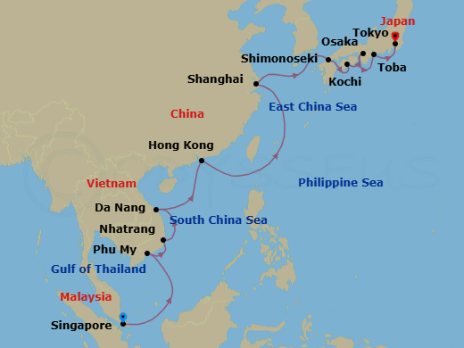 16 Night - An Extended Journey from the Gardens of Singapore to the Vibrant Heart of Tokyo - EXPLORA III - Starting in Singapore, Phu My, Nha Trang, Da Nang, Hong Kong, Shanghai, Shimonoseki, Kochi, Osaka, Toba, Tokyo itinerary map