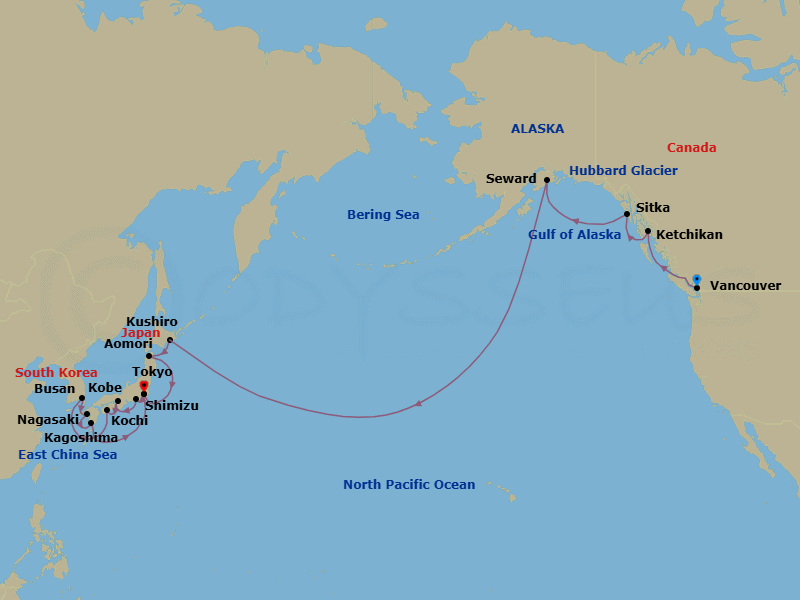 25 Night - A Grand Journey from Rainforest Peaks to Japan's Scenic Coastal Vistas - EXPLORA III - Starting in Vancouver, Ketchikan, Sitka, Sailing the Hubbard Glacier, Seward, Kushiro, Aomori, Tokyo, Shimizu, Kobe, Kochi, Busan (Pusan), Nagasaki, Kagoshima, Tokyo itinerary map