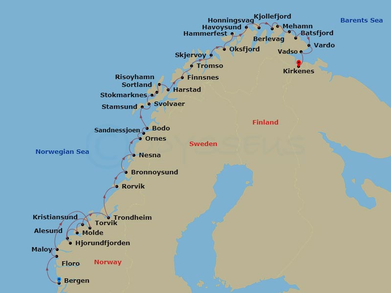 6 Night - The Coastal Express - North - MS Vesteralen - Starting in Bergen, Floro, Maloy, Torvik, Alesund, Hjorundfjorden, Alesund, Molde, Kristiansund, Trondheim, Rorvik, Bronnoysund, Sandnessjoen, Nesna, Ornes, Bodo, Stamsund, Svolvar, Stokmarknes, Sortland, Risoyhamn, Harstad, Finnsnes, Tromso, Skjervoy, Oksfjord, Hammerfest, Havoysund, Honningsvag, Kjollefjord, Mehamn, Berlevag, Batsfjord, Vardo, Vadso, Kirkenes itinerary map