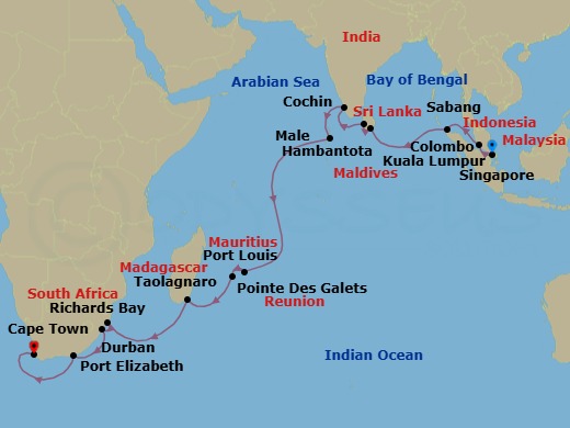 29 Night - Singapore, Sri Lanka & South Africa Combination Cruise : Singapore, Colombo & Richards Bay - Azamara Onward - Starting in Singapore, Kuala Lumpur, Sabang, Hambantota, Colombo, Cochin, Male, Port Louis, Pointe Des Galets, Taolagnaro, Richards Bay, Durban, Port Elizabeth ZA, Cape Town itinerary map