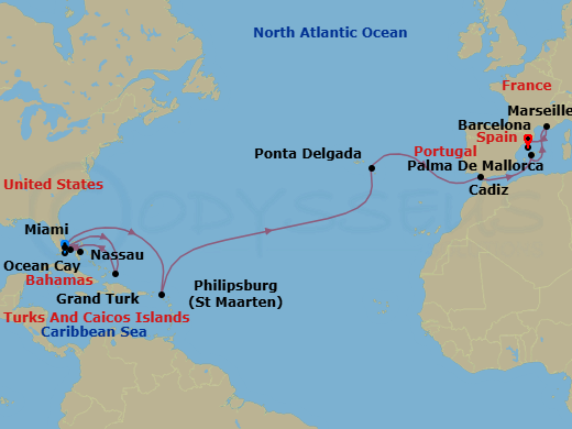 22 Night - Msc Grand Voyages - MSC Seashore - Starting in Miami, Florida, Grand Turk Island, Turks and Caicos, Ocean Cay Msc Marine Reserve, Bahamas, Nassau, Bahamas, Miami, Florida, Philipsburg, Saint Martin, Ponta Delgada (Azores), Portugal, Cadiz (Seville), Spain, Palma De Mallorca (Balearic Islands), Spain, Marseille (Provence), France, Barcelona, Spain itinerary map