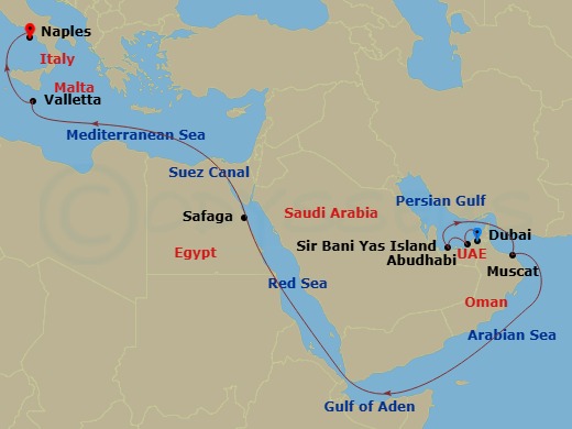 17 Night - Msc Grand Voyages - MSC World Europa - Starting in Dubai, United Arab Emirates, Abu Dhabi, United Arab Emirates, Sir Baniyas Island, UAE, Muscat, Oman, Safaga, Egypt, Suez Canal (transit), Egypt, La Valletta, Malta, Naples (Pompeii), Italy itinerary map