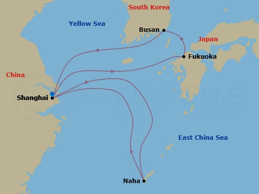 9 Night - Far East - MSC Bellissima - Starting in Shanghai, China, Fukuoka (Hakata), Japan, Busan, South Korea, Shanghai, China, Naha (Okinawa), Japan, Shanghai, China itinerary map