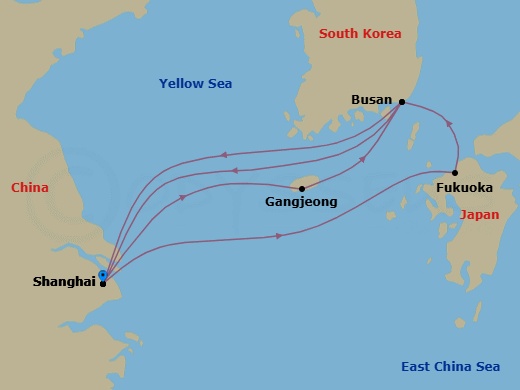 9 Night - Far East - MSC Bellissima - Starting in Shanghai, China, Fukuoka (Hakata), Japan, Busan, South Korea, Shanghai, China, Gangjeong / Jeju Island, South Korea, Busan, South Korea, Shanghai, China itinerary map