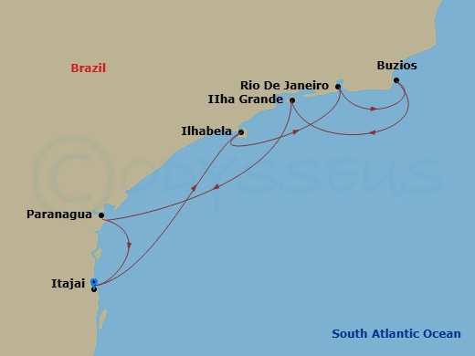 7 Night - South America - MSC Musica - Starting in Itajai, Brazil, Ilhabela, Brazil, Rio De Janeiro, Brazil, Buzios, Brazil, Ilha Grande, Brazil, Paranagua, Brazil, Itajai, Brazil itinerary map