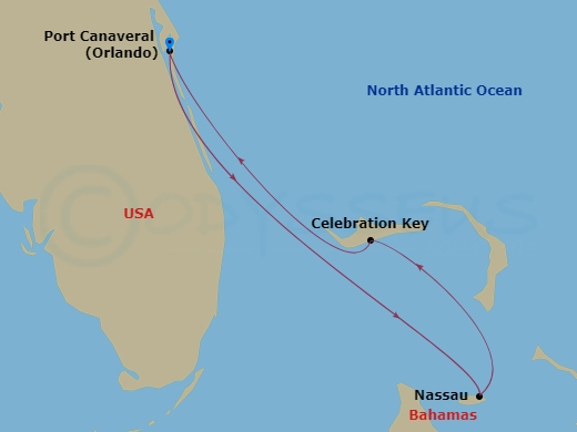 4 Night - Bahamas - Carnival Glory - Starting in Port Canaveral (Orlando), Fl, Nassau, Bahamas, Celebration Key, the Bahamas, Port Canaveral (Orlando), Fl itinerary map
