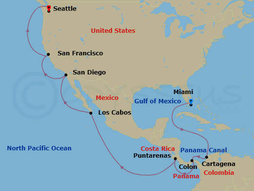 18 Night - Msc Grand Voyages - MSC Poesia - Starting in Miami, Florida, Cartagena CO, Colombia, Colon, Panama, Cruising Panama Canal, Puntarenas (San Jose), Costa Rica, Cabo San Lucas, Mexico, San Diego, San Francisco, California, Seattle, Washington itinerary map