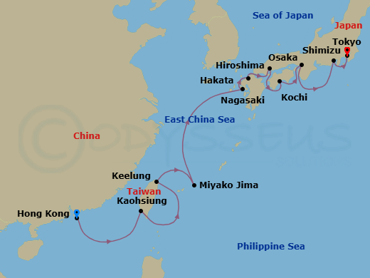 11 Night - Asia - Japan - Norwegian Jade - Starting in Hong Kong, China, Kaohsiung, Taiwan, Taipei / Keelung, Taiwan, Miyako-Jima / Okinawa, Japan, Nagasaki / Sasebo, Japan, Hakata / Fukuoka, Japan, Cruise Kanmon Straits, Japan, Hiroshima, Japan, Kochi, Japan, Kyoto / Osaka, Japan, Mount Fuji / Shimizu, Japan, Tokyo, Japan itinerary map
