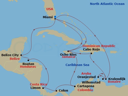 21 Night - Caribbean and Antilles - MSC Poesia - Starting in Miami, Florida, Kralendijk, Bonaire, Oranjestad, Aruba, Willemstad AN, Cabo Rojo, Dominican Republic, Ocho Rios, Jamaica, Miami, Florida, Ocho Rios, Jamaica, Cartagena CO, Colon, Panama, Puerto Limon, Costa Rica, Roatan Island, Honduras, Belize City, Belize, Miami, Florida itinerary map