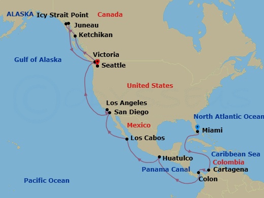 25 Night - Msc Grand Voyages - MSC Poesia - Starting in Miami, Florida, Cartagena CO, Colon, Panama, Cruising Panama Canal, Huatulco, Mexico, Cabo San Lucas, Mexico, San Diego, Los Angeles, Seattle, Washington, Ketchikan, Alaska, Icy Strait Point, Alaska, Cruising Tracy Arm Fjord, Alaska, Juneau, Alaska, Victoria CA, Canada, Seattle, Washington itinerary map