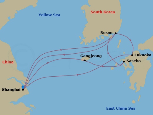 10 Night - Far East - MSC Bellissima - Starting in Shanghai, China, Gangjeong / Jeju Island, South Korea, Sasebo, Japan, Busan, South Korea, Shanghai, China, Fukuoka (Hakata), Japan, Busan, South Korea, Shanghai, China itinerary map