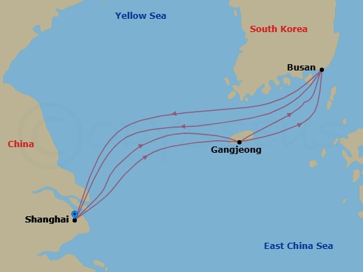 8 Night - Far East - MSC Bellissima - Starting in Shanghai, China, Gangjeong / Jeju Island, South Korea, Busan, South Korea, Shanghai, China, Gangjeong / Jeju Island, South Korea, Busan, South Korea, Shanghai, China itinerary map