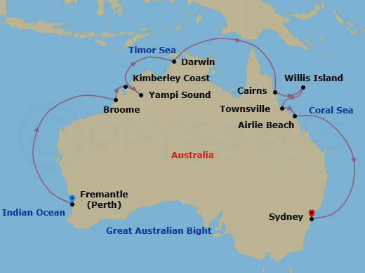 18 Night - Northern Explorer - Grand Princess - Starting in Perth (Fremantle), Australia, Broome, Australia, Yampi Sound (Scenic Cruising), Kimberley Coast (Scenic Cruising), Australia, Darwin, Australia, Cairns, Australia, Willis Island, Australia, Townsville, Australia, Airlie Beach, Australia, Sydney AU itinerary map