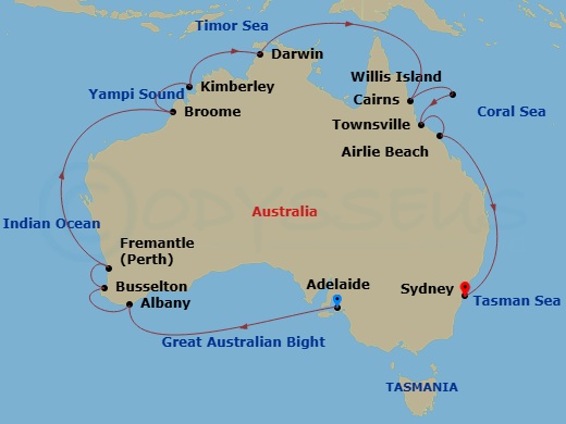 23 Night - Round Australia - Grand Princess - Starting in Adelaide, Australia, Albany AU, Margaret River (Busselton), Australia, Perth (Fremantle), Australia, Broome, Australia, Yampi Sound (Scenic Cruising), Kimberley Coast (Scenic Cruising), Australia, Darwin, Australia, Cairns, Australia, Willis Island, Australia, Townsville, Australia, Airlie Beach, Australia, Sydney AU itinerary map